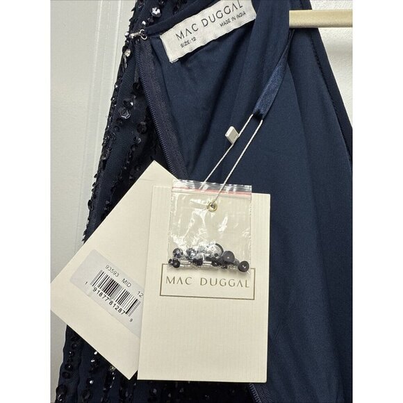 Mac Duggal Size 12 Navy 93593 Sequined V Neck Bishop Sleeve Midi Cocktail Dress - Picture 10 of 13